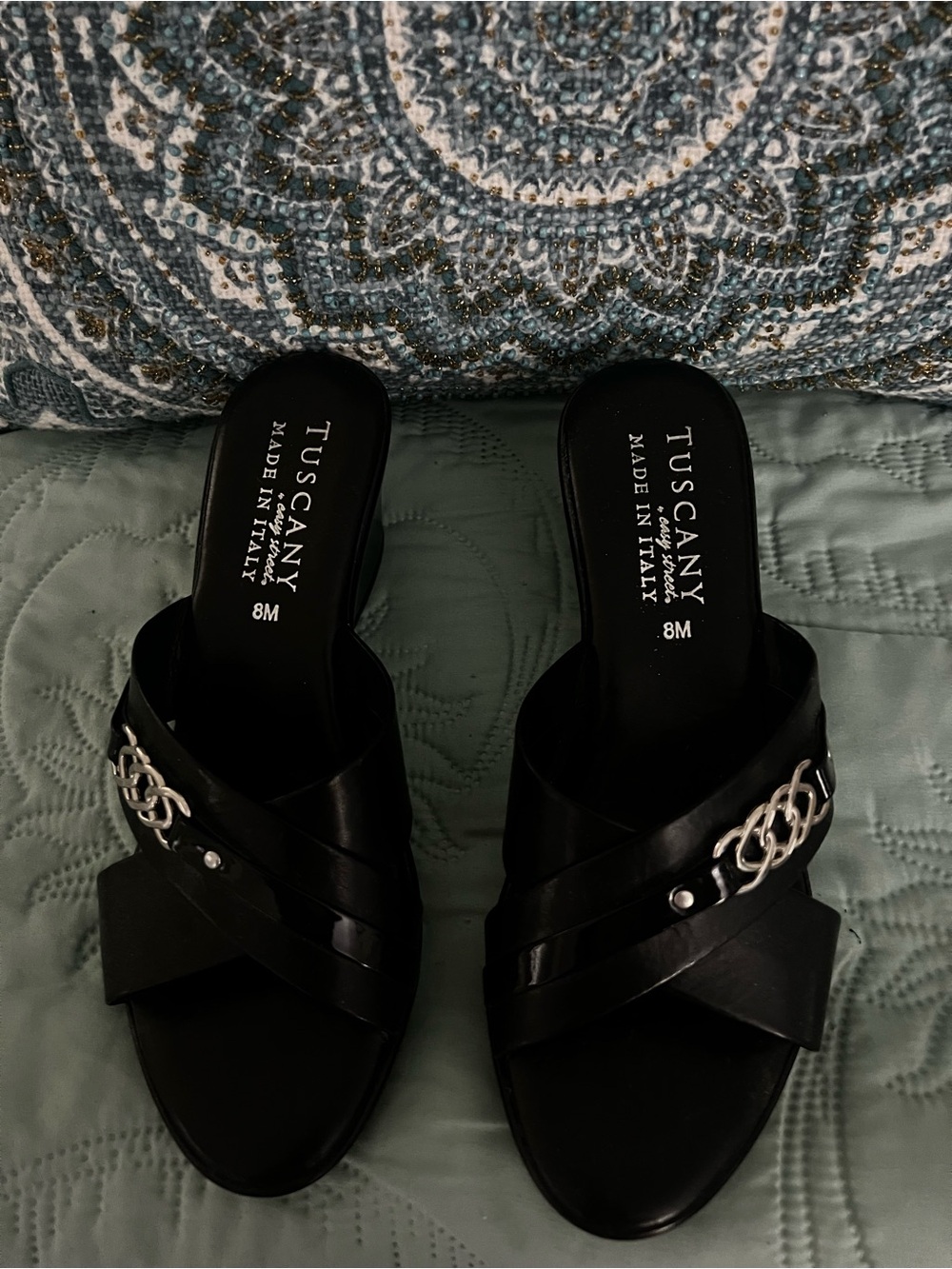 Tuscany Black Leather Slide Mules with Silver Chain Detail